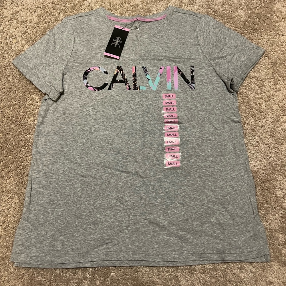 NWT Calvin Klein Women's Soft Crew Neck Rolled Sleeve Graphic Logo Gray Small